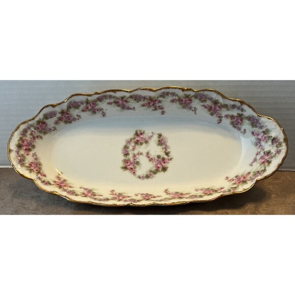 Vintage Elite Works Limoges France Pink Floral with Gold Rim Oval Serving Bowl - Picture 1 of 8
